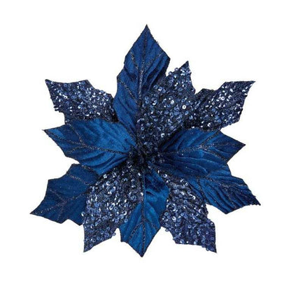 Blue - Back - Premier Glitter Poinsettia Christmas Decoration