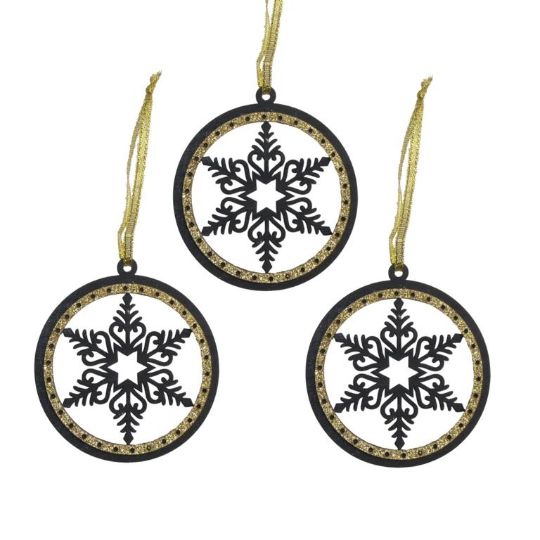 Black-Gold - Front - Davies Products Snowflake Tree Decoration (Pack of 3)