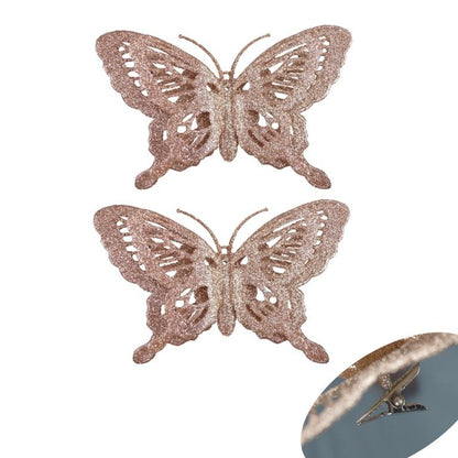 Rose Gold - Front - Davies Products Glitter Butterflies Christmas Decoration (Pack of 2)