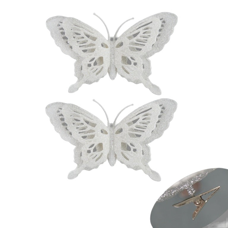White - Front - Davies Products Glitter Butterflies Christmas Decoration (Pack of 2)