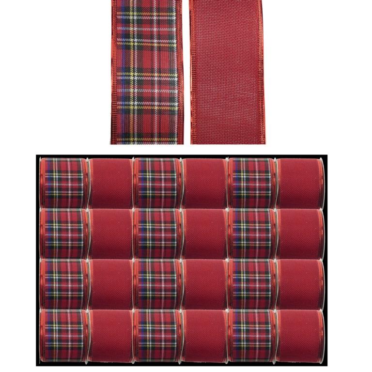 Red - Front - Davies Products Linen Tartan Wired Edge Ribbon