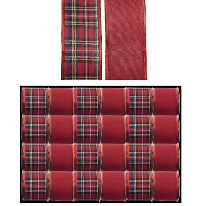 Red - Front - Davies Products Linen Tartan Wired Edge Ribbon