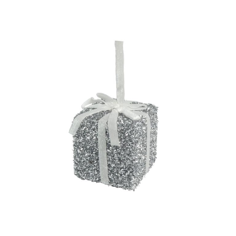 Silver - Front - Davies Products Tinsel Present Christmas Decoration