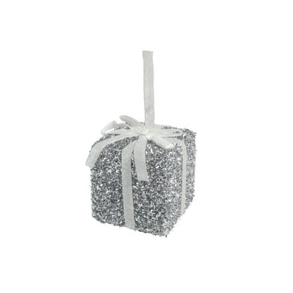 Silver - Front - Davies Products Tinsel Present Christmas Decoration