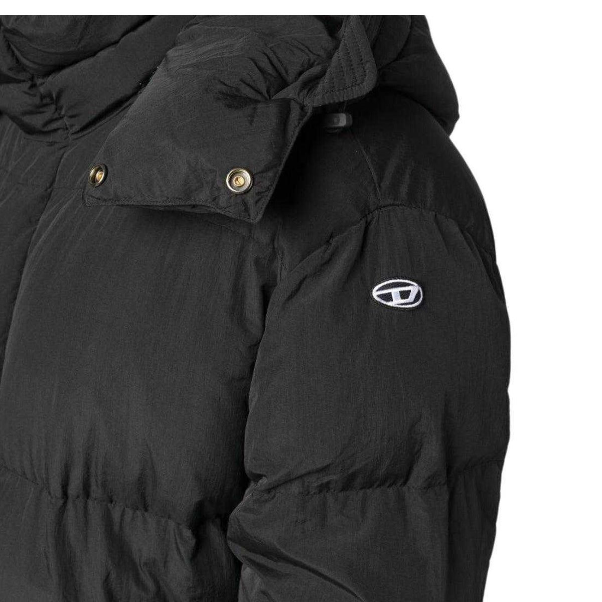 Black - Side - Diesel Mens Plain Hooded Padded Jacket