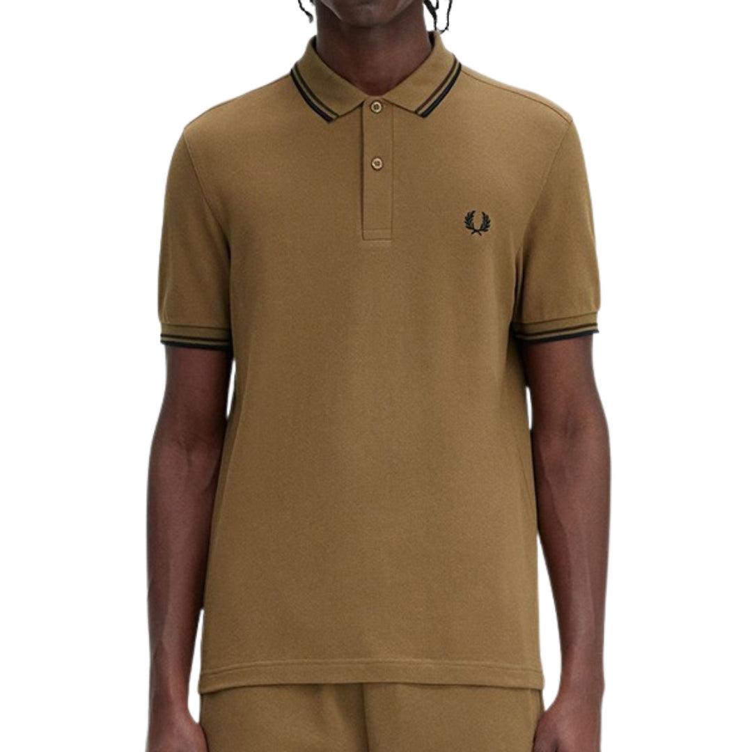 Black-Khaki Green - Side - Fred Perry Mens Double Tipped Collar Polo Shirt