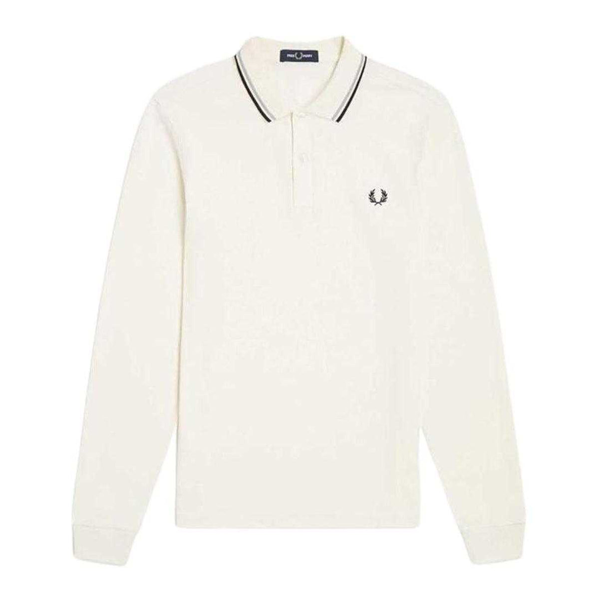 Ecru-Black - Front - Fred Perry Mens Double Tipped Collar Long-Sleeved Polo Shirt