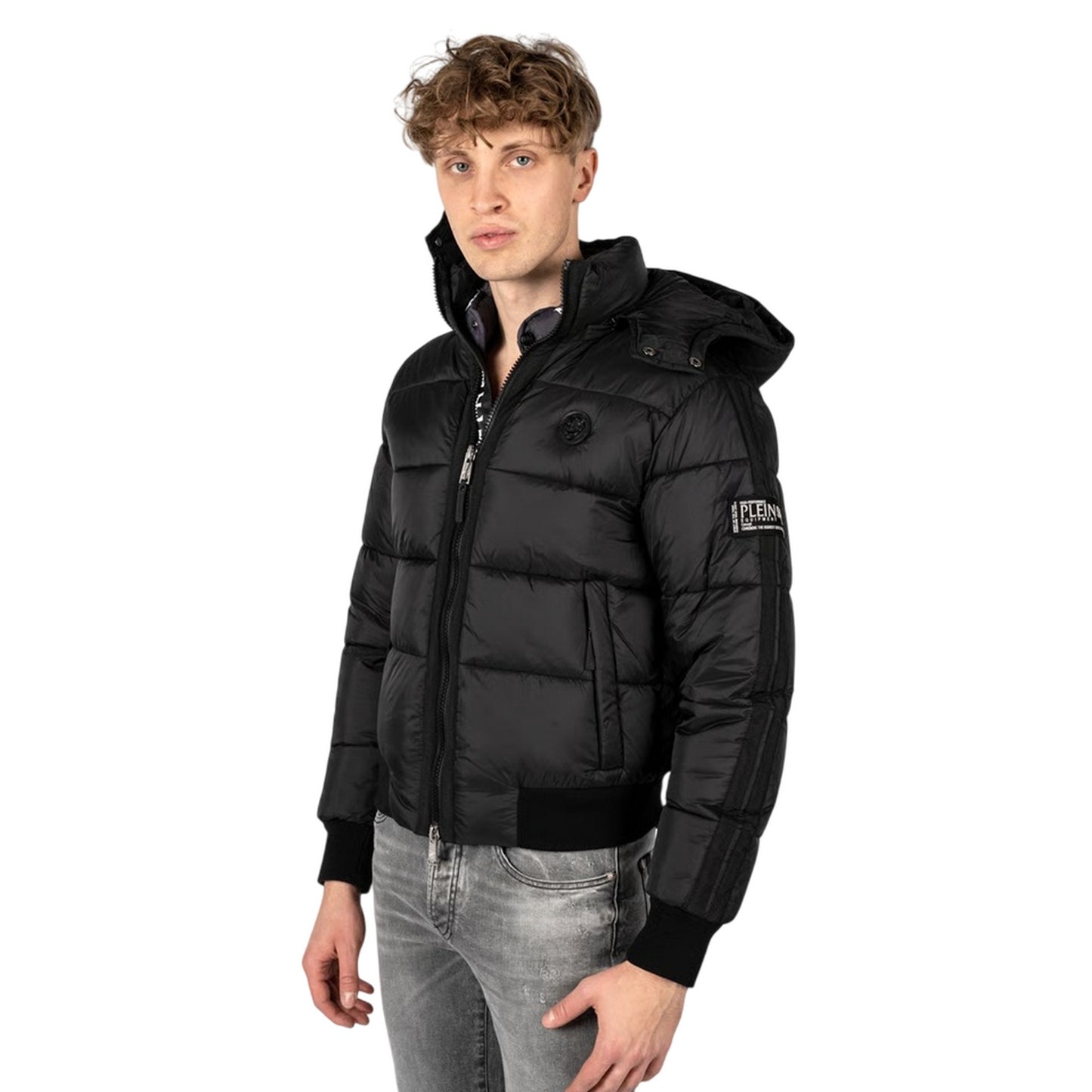 Black - Side - Plein Sport Mens Taped Sleeve Padded Jacket