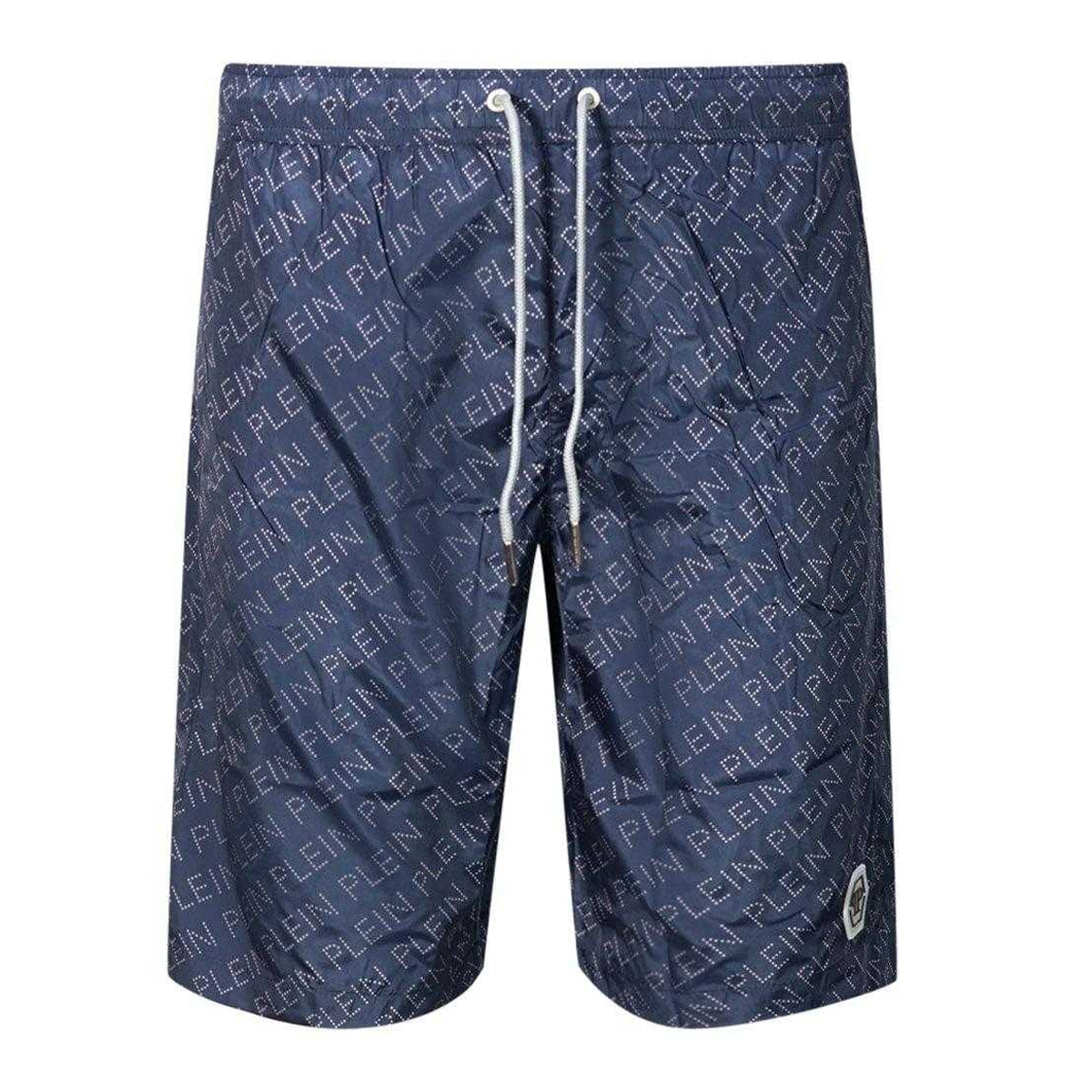 Navy - Front - Philipp Plein Mens Repeat Logo Swim Shorts