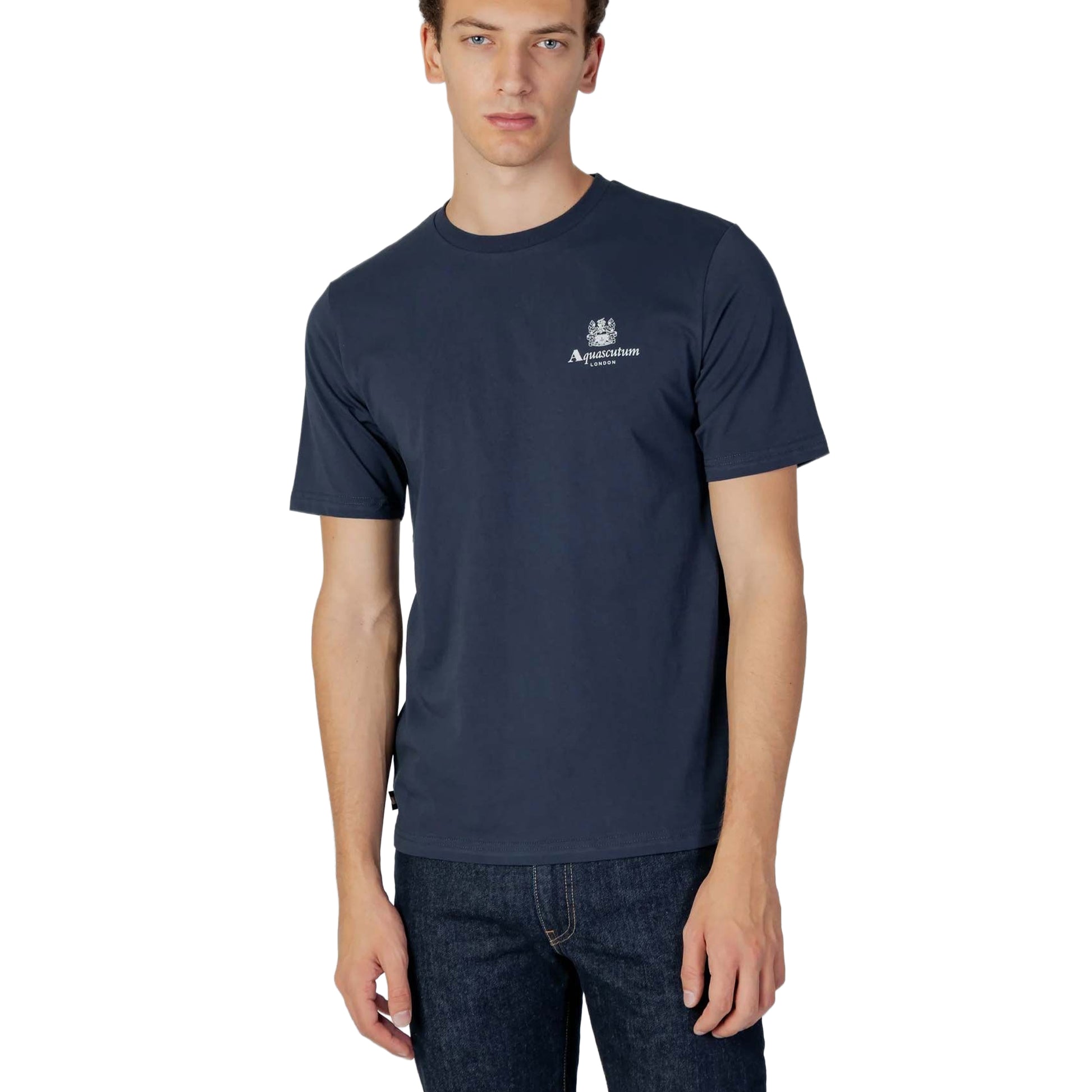 Navy - Side - Aquascutum Mens London Aldis Logo T-Shirt