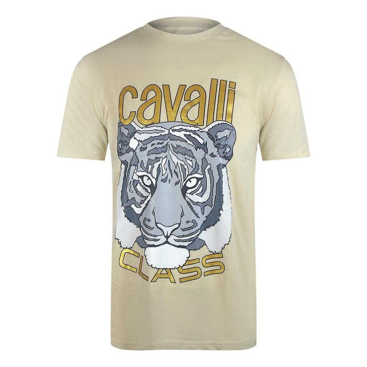 Beige Sand - Front - Cavalli Class Mens Tiger Print Logo T-Shirt
