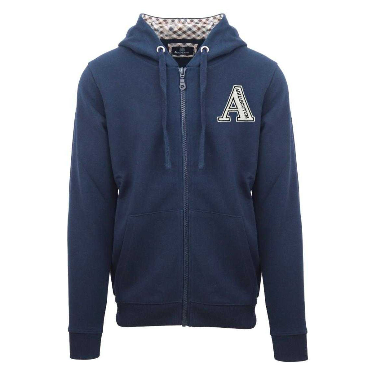 Navy Blue - Front - Aquascutum Mens Classic Large Logo Full Zip Hoodie