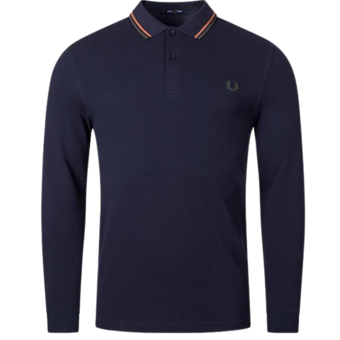 Dark Navy - Front - Fred Perry Mens Double Tipped Collar Long-Sleeved Polo Shirt