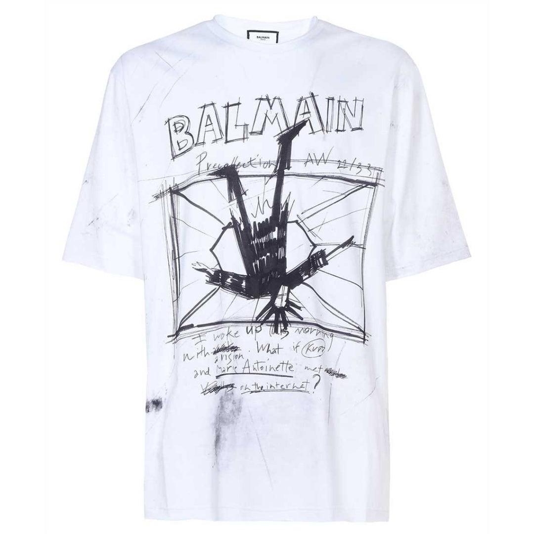 White - Front - Balmain Mens Sketch Logo T-Shirt