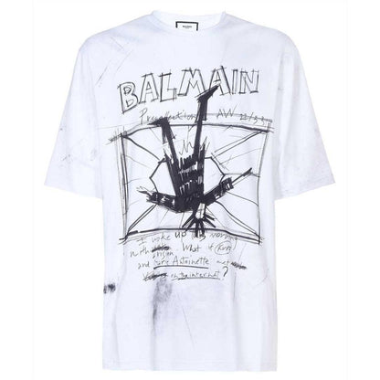 White - Front - Balmain Mens Sketch Logo T-Shirt