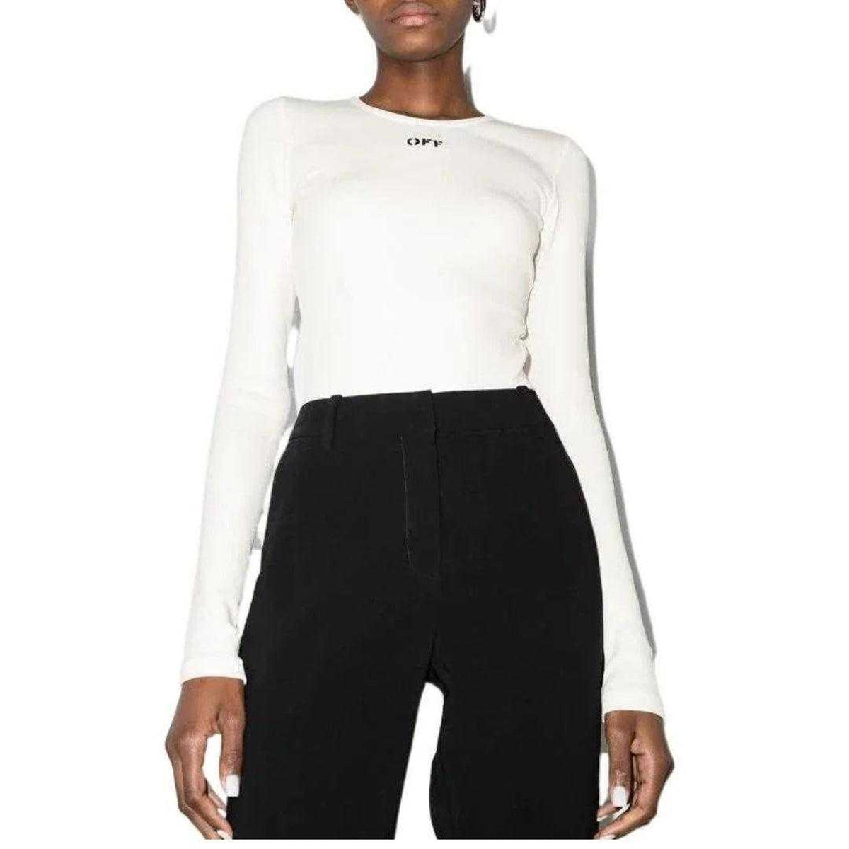 White - Side - Off White Womens-Ladies Logo Ribbed Long-Sleeved Bodysuit