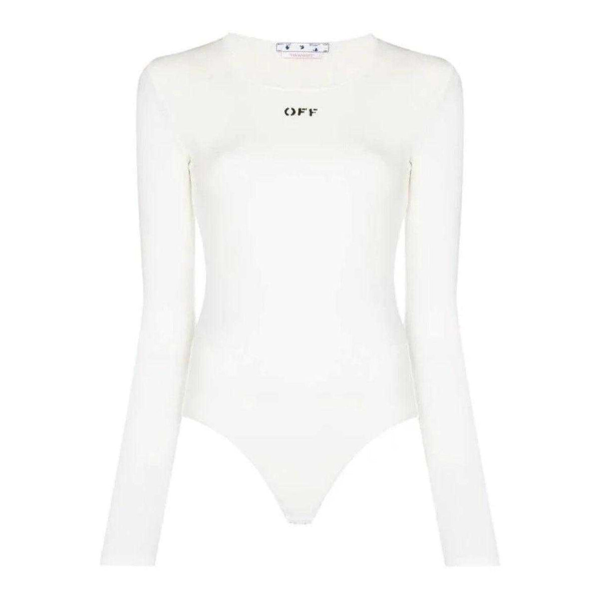 White - Front - Off White Womens-Ladies Logo Ribbed Long-Sleeved Bodysuit