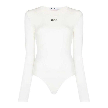 White - Front - Off White Womens-Ladies Logo Ribbed Long-Sleeved Bodysuit