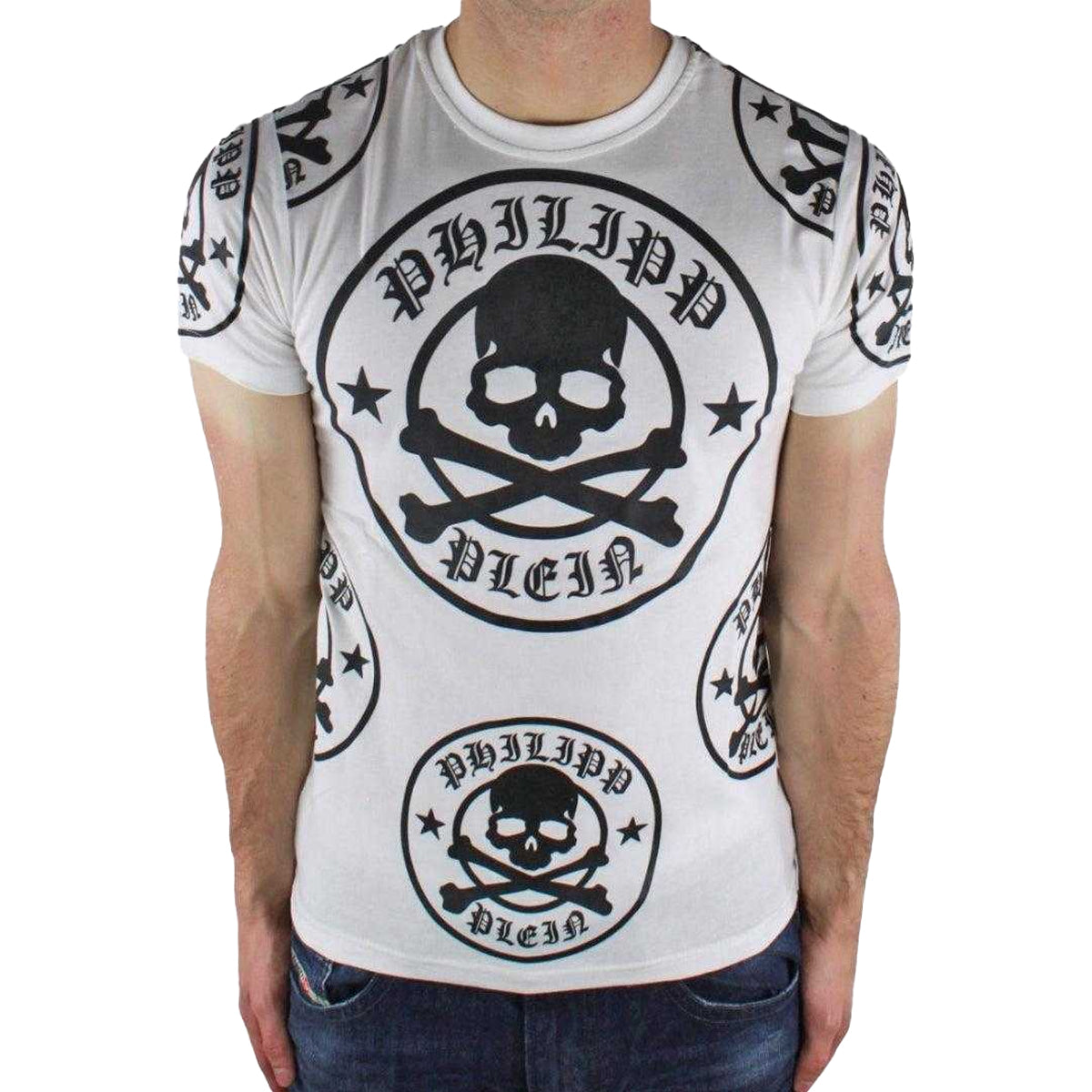 White - Front - Philipp Plein Mens Multi Logo T-Shirt