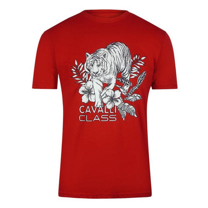 Red - Front - Cavalli Class Unisex Adult Floral Tiger Logo T-Shirt