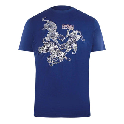Blue - Front - Cavalli Class Mens Leopard Logo T-Shirt