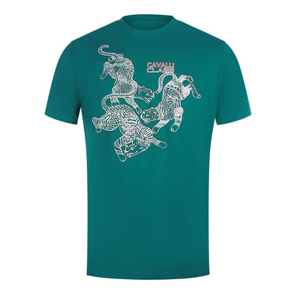 Green - Front - Cavalli Class Mens Leopard Logo T-Shirt