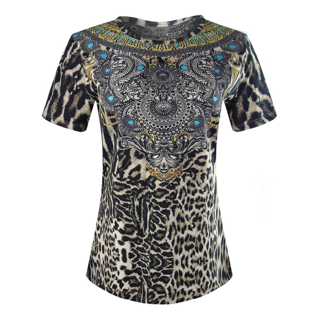 Black-Brown - Front - Inoa Womens-Ladies Siberia 1927 Animal Print T-Shirt
