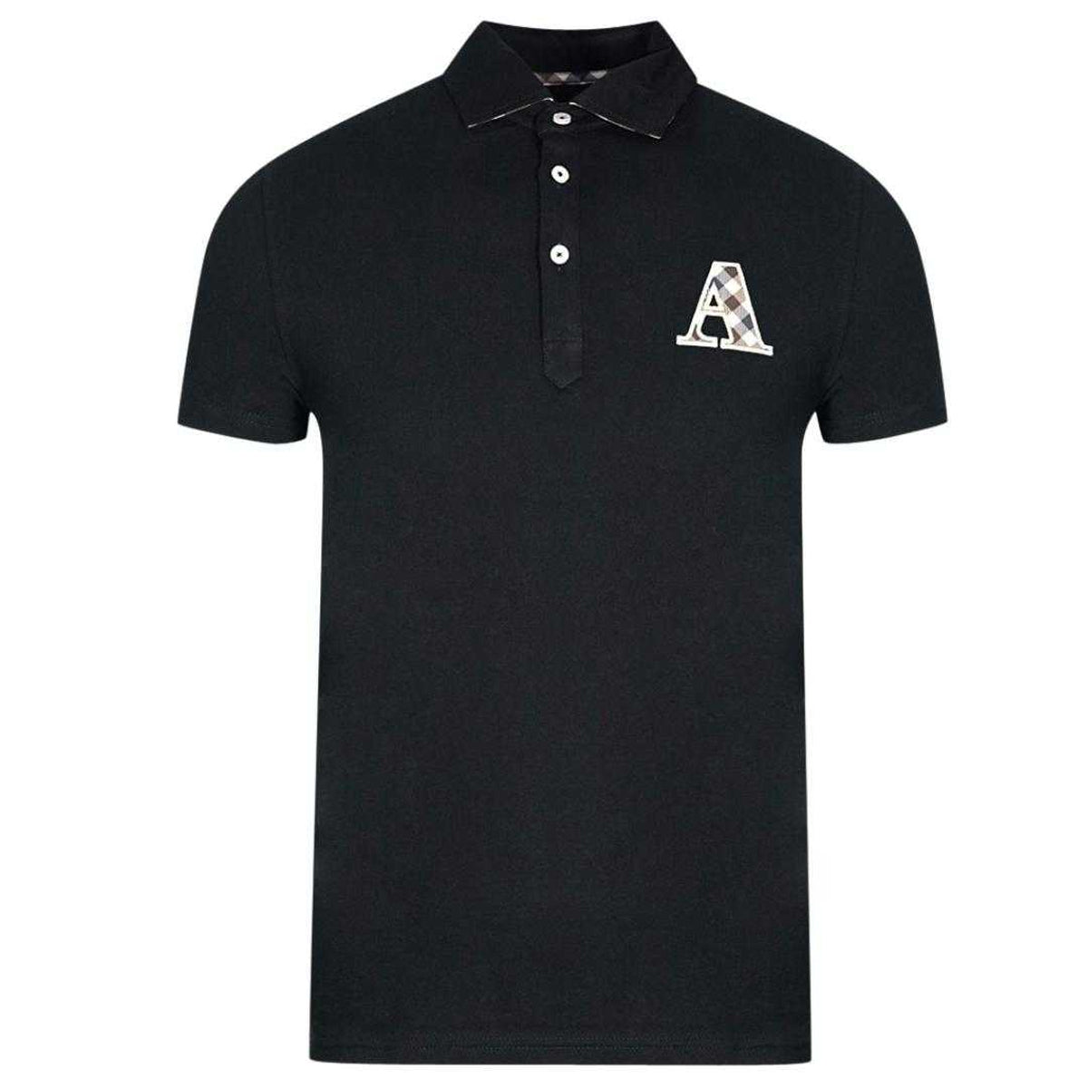 Black - Front - Aquascutum Mens Checked Logo Polo Shirt