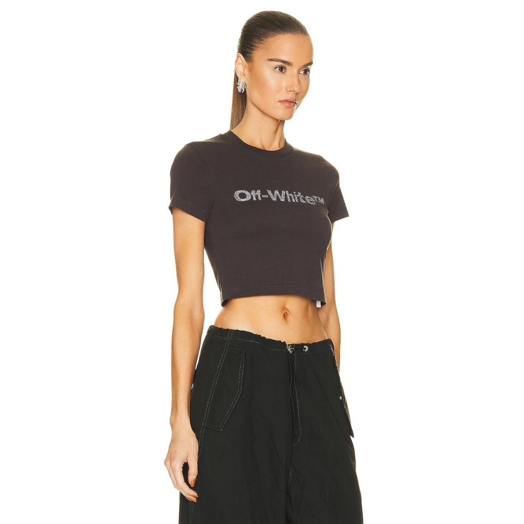 Dark Grey - Pack Shot - Off-White Womens-Ladies Bling Bounce Crop T-Shirt