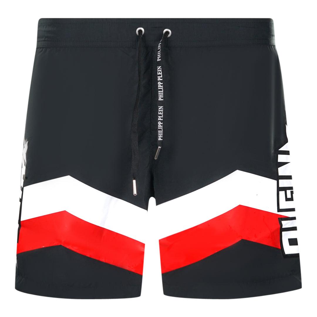 Black-White-Red - Front - Philipp Plein Mens Diagonal Logo Swim Shorts