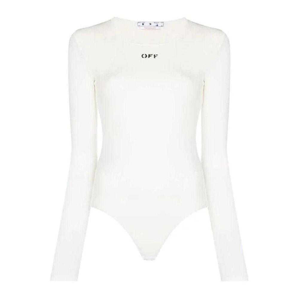White - Front - Off-White Womens-Ladies Logo Stamp Ribbed Bodysuit