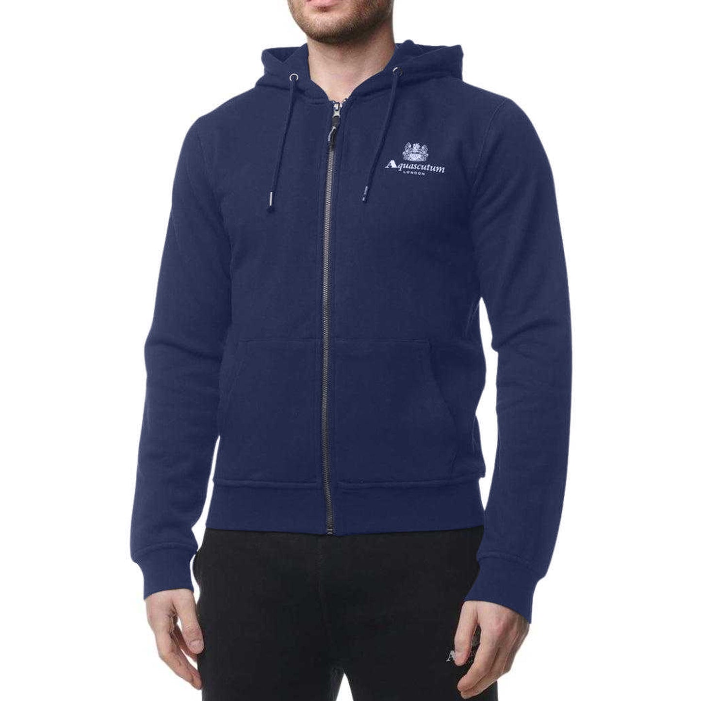 Navy - Side - Aquascutum Mens Active Small Logo Full Zip Hoodie