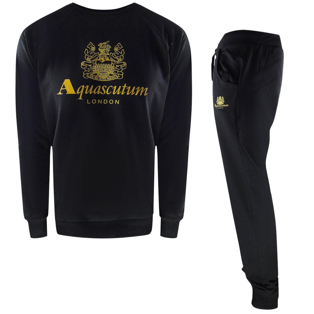 Black - Front - Aquascutum Mens London Logo Crew Neck Tracksuit Set