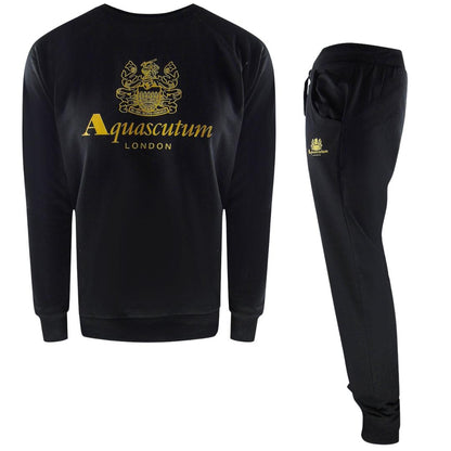 Black - Front - Aquascutum Mens London Logo Crew Neck Tracksuit Set
