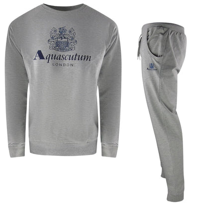 Grey - Front - Aquascutum Mens London Logo Crew Neck Tracksuit Set