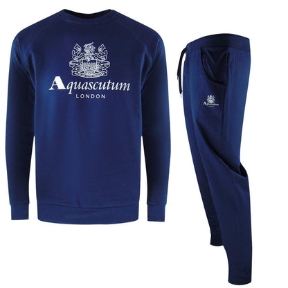Navy Blue - Front - Aquascutum Mens London Logo Crew Neck Tracksuit Set