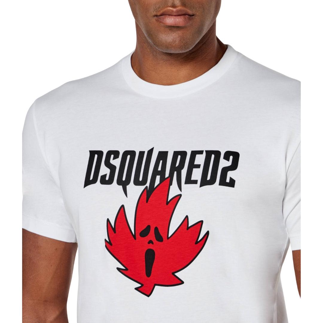 White - Side - DSquared2 Mens Ghost Maple Leaf Cool Fit T-Shirt