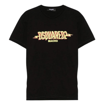 Black - Close up - DSquared2 Mens Macho Logo Washed Cool Fit T-Shirt