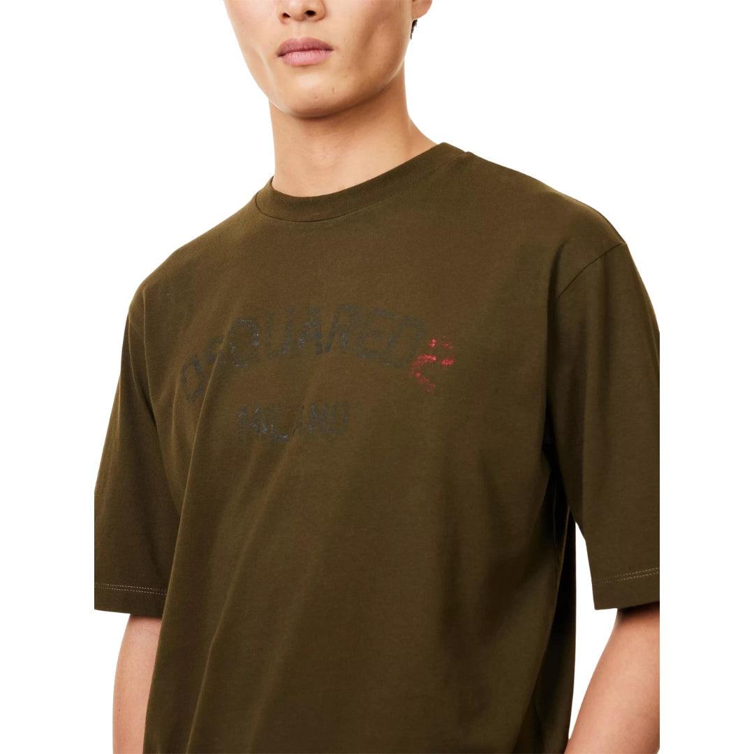 Military Green - Pack Shot - DSquared2 Mens Milano Logo Relaxed Fit Short-Sleeved T-Shirt