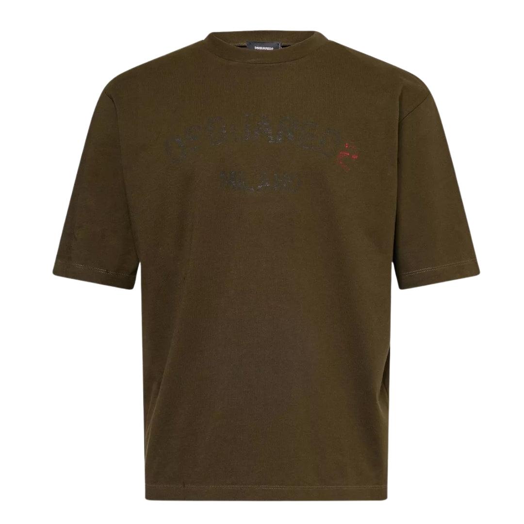 Military Green - Front - DSquared2 Mens Milano Logo Relaxed Fit Short-Sleeved T-Shirt