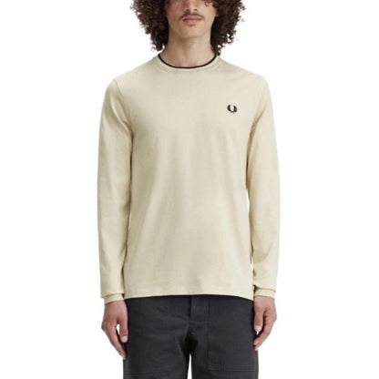 Oatmeal - Pack Shot - Fred Perry Mens Double Tipped Collar Long-Sleeved Polo Shirt