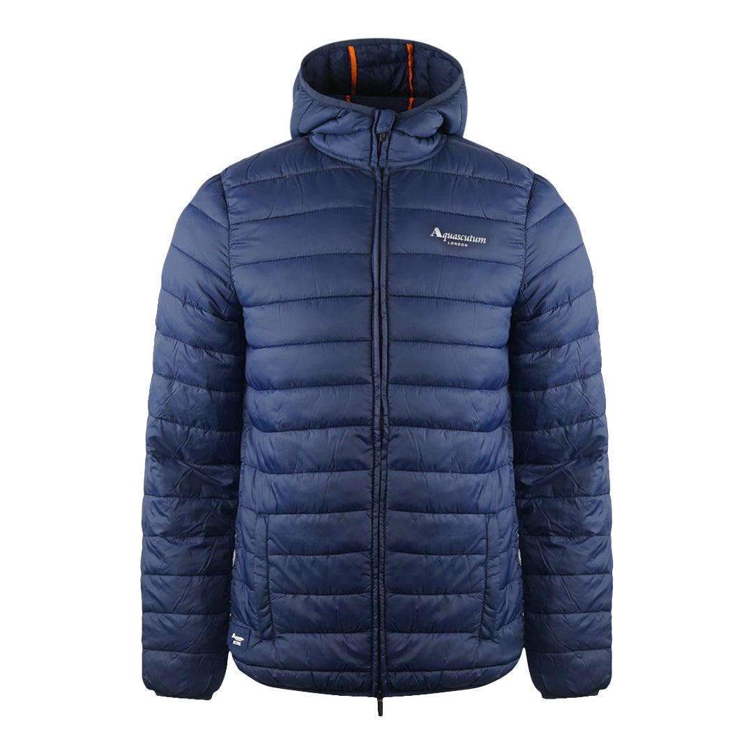 Navy Blue - Front - Aquascutum Mens London Logo Hooded Padded Jacket