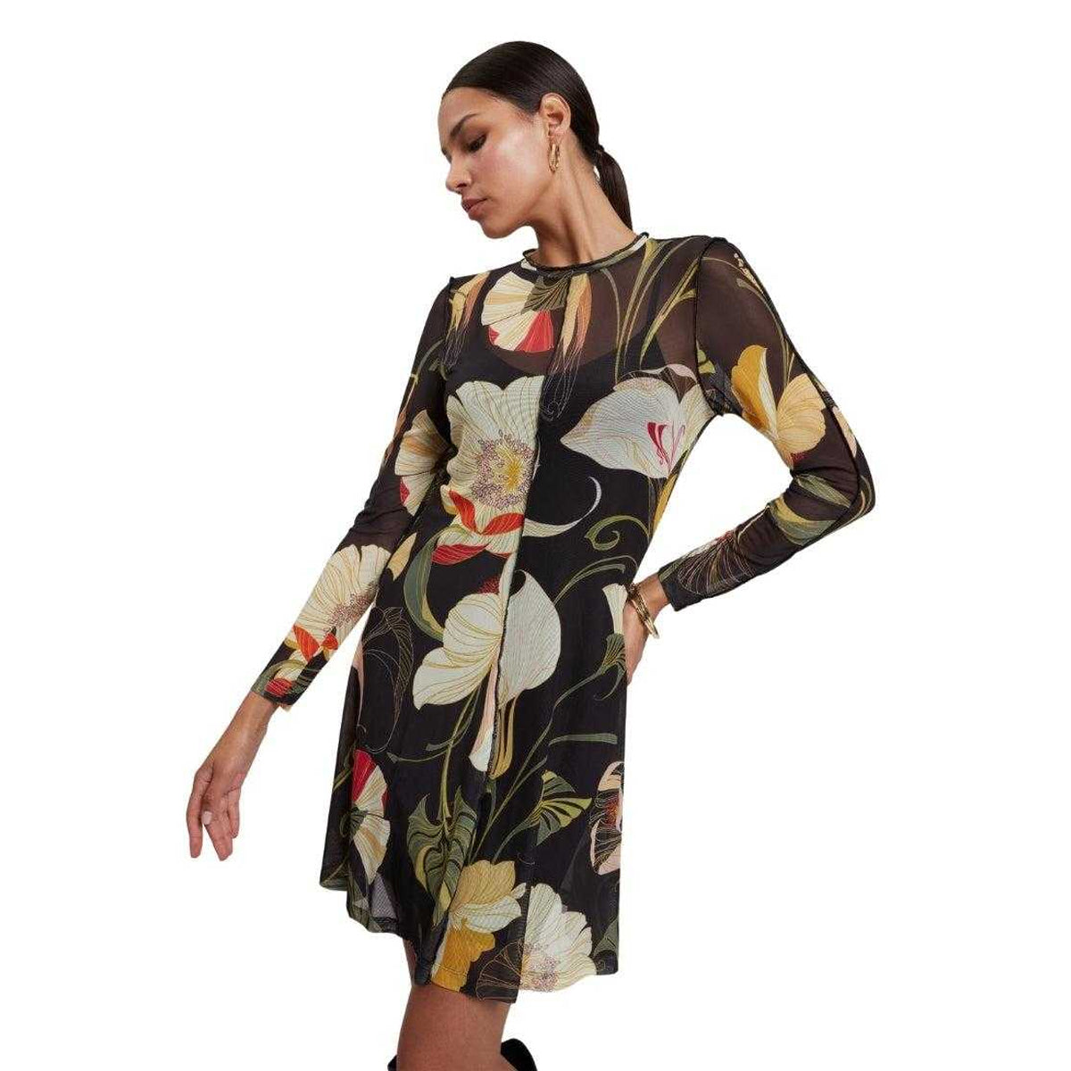 Black - Side - Ted Baker Womens-Ladies Floral Mesh Long-Sleeved Midi Dress