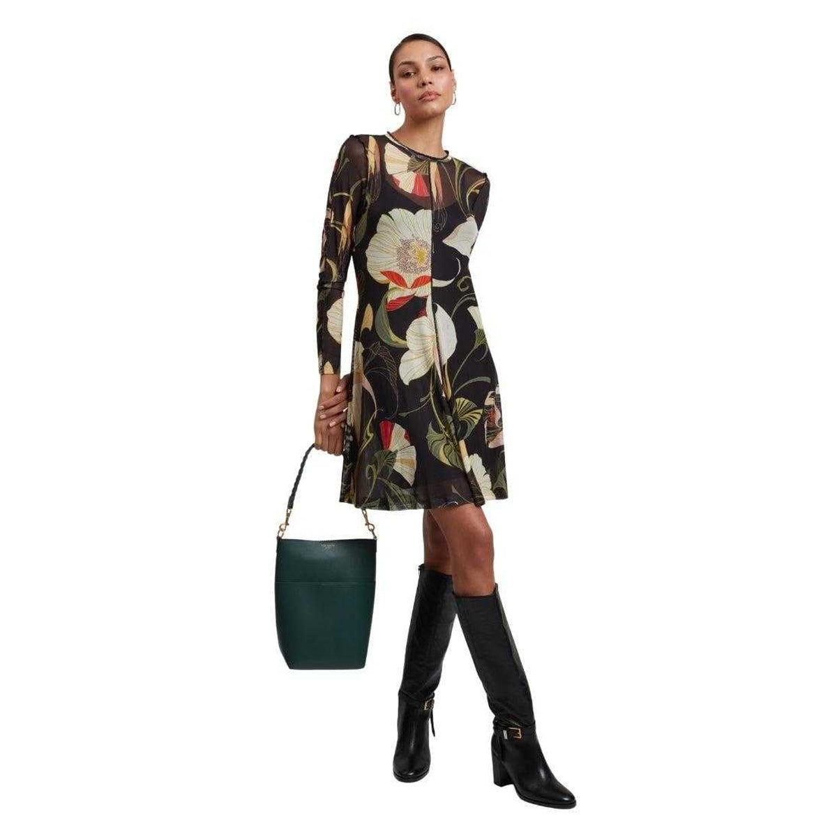 Black - Lifestyle - Ted Baker Womens-Ladies Floral Mesh Long-Sleeved Midi Dress