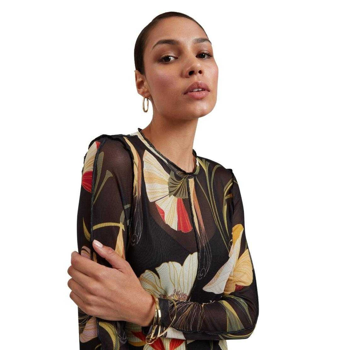 Black - Pack Shot - Ted Baker Womens-Ladies Floral Mesh Long-Sleeved Midi Dress