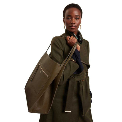 Khaki Green - Pack Shot - Ted Baker Plain Leather Slouch Tote Bag