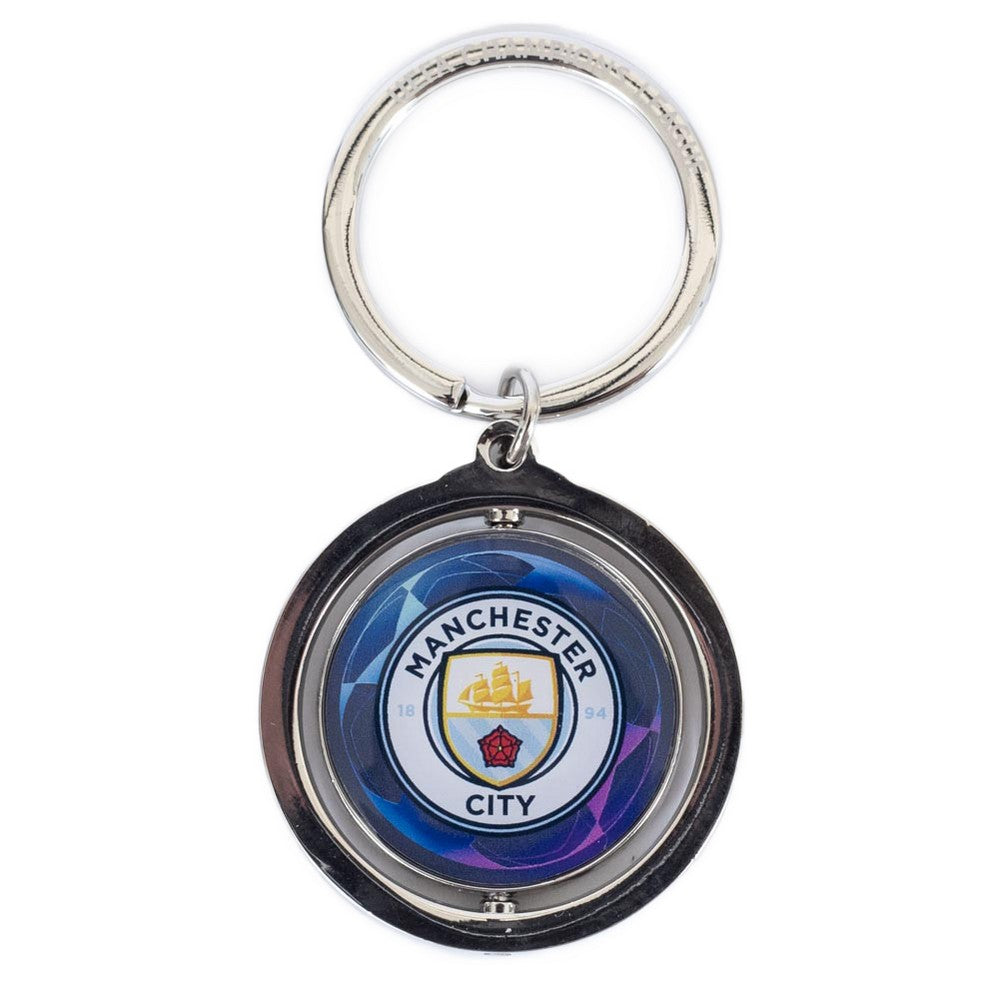 Blue-White-Silver - Front - Manchester City FC UCL Crest Spinner Keyring