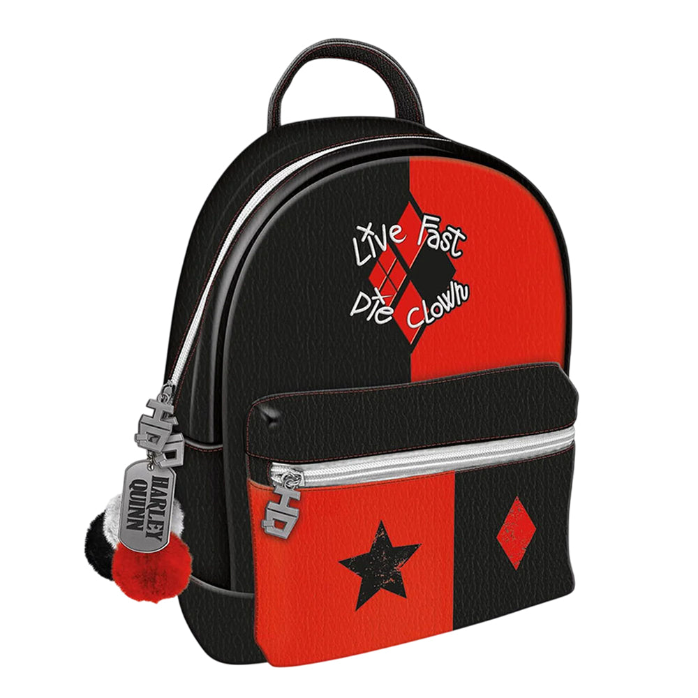 Red-Black - Front - Suicide Squad Live Fast Die Clown Harley Quinn Backpack