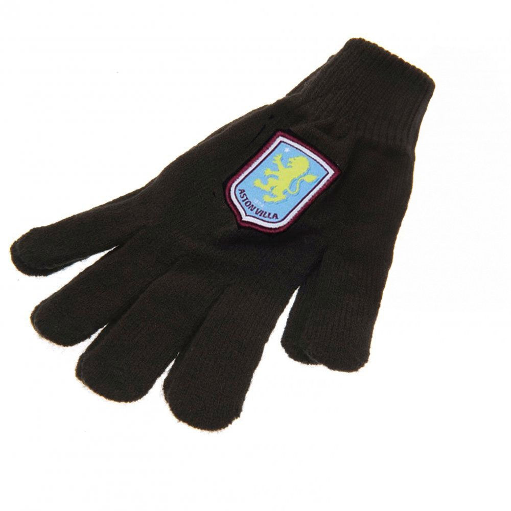 Black-Sky Blue-Claret - Front - Aston Villa FC Childrens-Kids Knitted Gloves