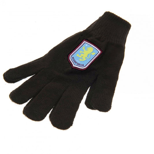 Black-Sky Blue-Claret - Front - Aston Villa FC Childrens-Kids Knitted Gloves